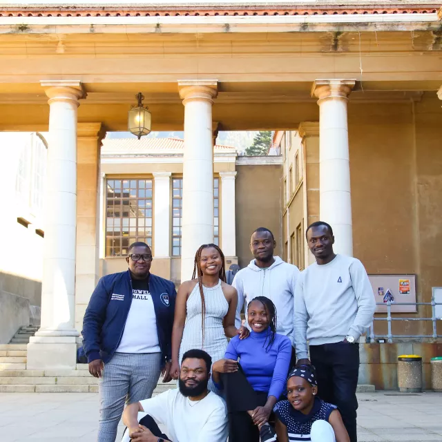 Seven people outside Sarah Baartman Hall